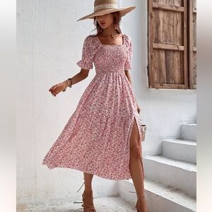 Floral Pink Square Neck Dress